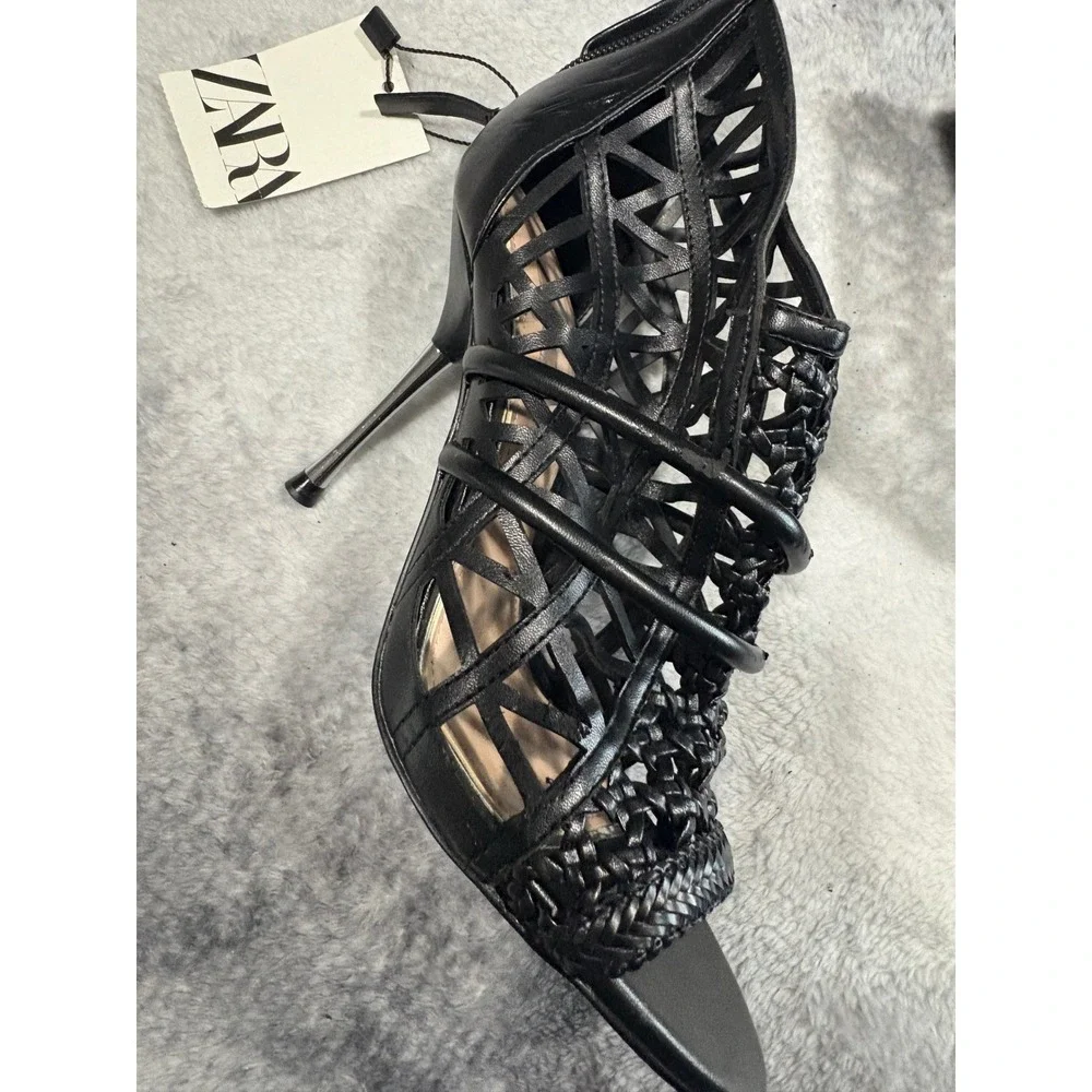 Zara Black Cage Cutout Woven Geometric Stiletto Heel Sandals 38 7.5 NEW - Picture 6 of 14